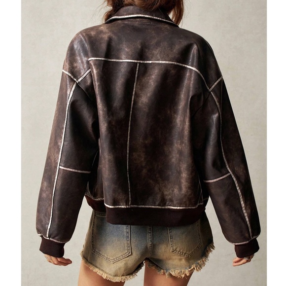 Luxe Brown Vegan Leather Zip up Oversized jacket Coat - Picture 4 of 8